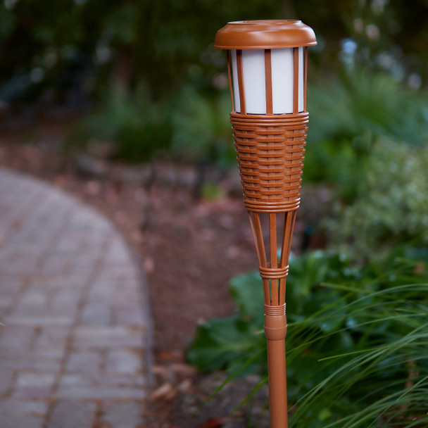 House Lighting Fltorch4Az Solar-Powered Flickering Flame Outdoor Island Torches 4-Pack Bamboo