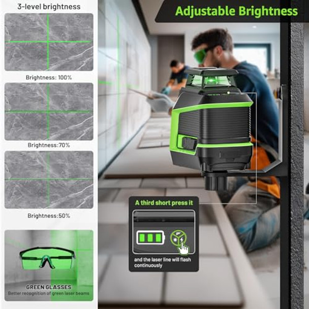 Huepar 360° Laser Level With Tripod 60In 82Ft - 165Ft Self Leveling Laser Level With Pulse Mode 3 Brightness Levels Rechargeable Li-Ion Battery Green Line Laser Leveler Tool For Diy Indoor Project