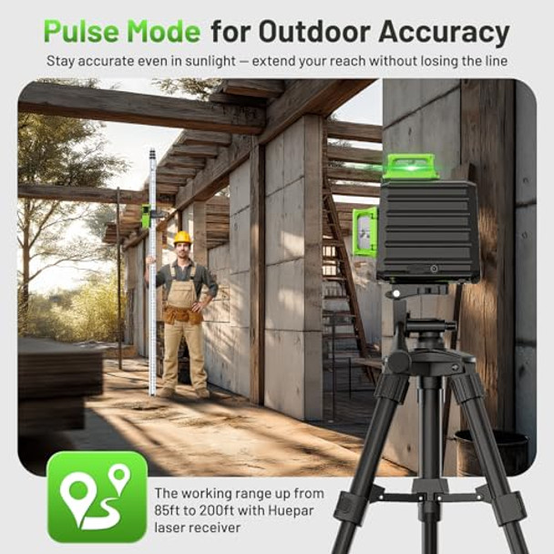 Huepar Laser Level 360 Self Leveling With 47" Tripod Huepar 3X360° High Brightness Green Laser Leveler Tool For Construction Tile And Picture Hanging 5200 Mah Li-Ion Battery & 2 Portable Bag Included