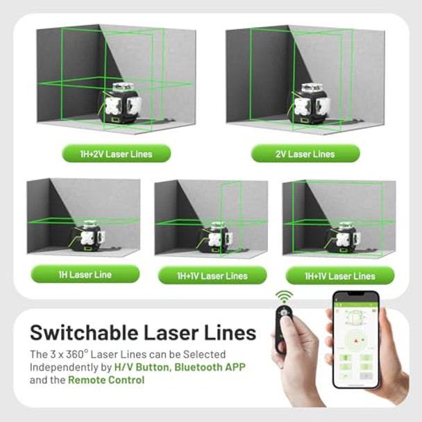 Huepar Laser Level 360 Self Leveling 3X360° Green Cross Line Laser With Lcd Screen And 393Ft Green Bilateral Laser Distance Measure 3D Bluetooth Pulse Mode Laser Tool - S03Cg & Blm-60G