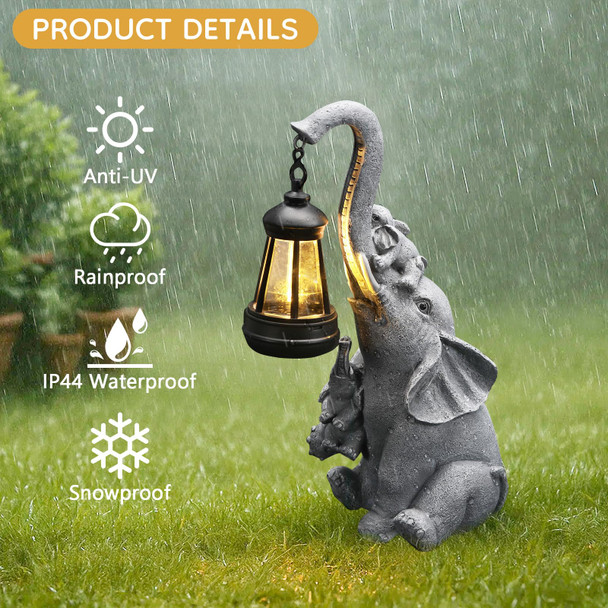 Idea Show Solar Elephant Garden Lantern Statue Decor - Blessing Guardian Auto On/Off Weatherproof Resin For Patio Safari Theme & Good Luck