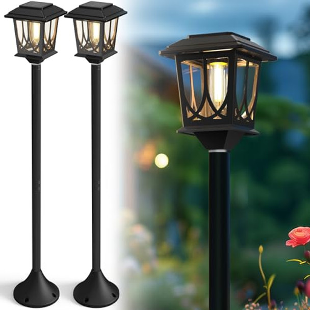 Ilanck 2 Pack Solar Lamp Post Light 40" H Outdoor Stainless Steel Pole Solar Garden Lights Waterproof 3000K Warm White Auto On/Off For Patio Backyard Pathway Front (No Wiring Needed)