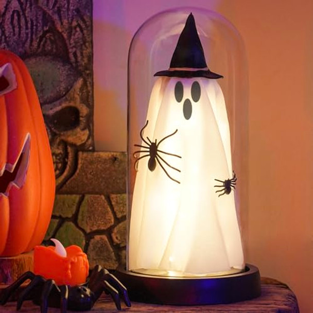 Ilifemate Halloween Ghost Decorations Glass Dome Ghost Light – Spooky Led Ghost Lamp With Witch Hat & Spider For Indoor Halloween Battery Operated Tabletop Decor For Home Mantel Or Tiered Tray
