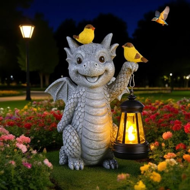 Illumi Solar Dragon Garden Statue With Lantern And Birds – Resin Dinosaur Figurine With Led Light For Yard Outdoor Decor S For Mom Women