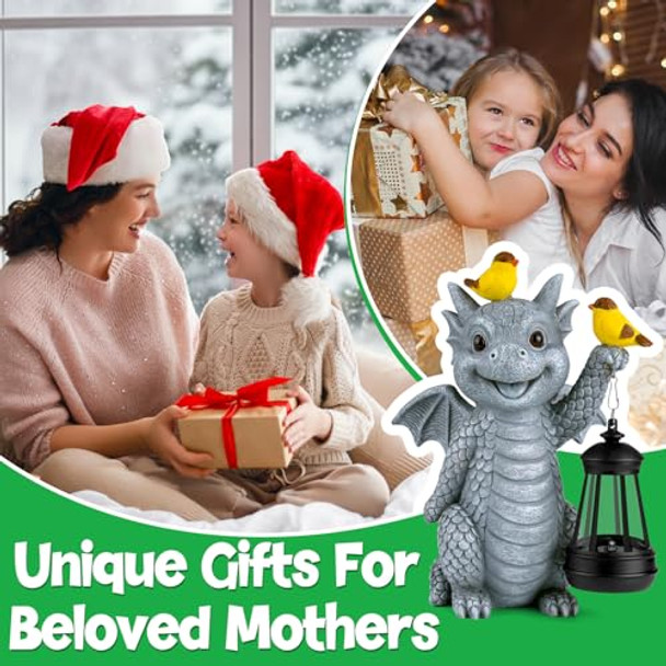 Illumi Solar Dragon Garden Statue With Lantern And Birds – Resin Dinosaur Figurine With Led Light For Yard Outdoor Decor S For Mom Women