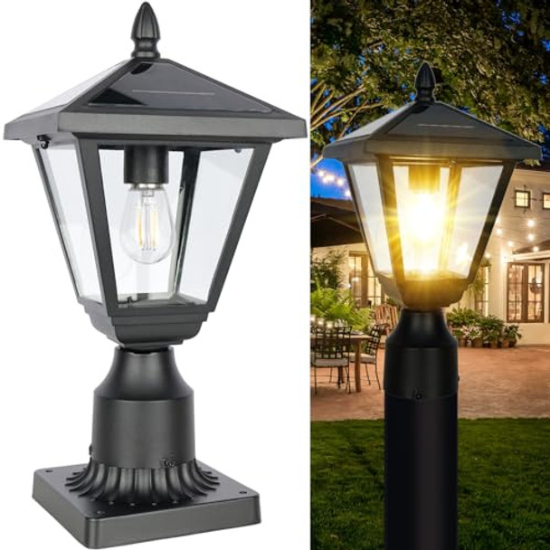 Jalarox Solar Post Lamp Lights Metal And Glass Built Dusk To Dawn Solar Post Lights With Pier Mount Base 6000K Outside Lights Outdoor Waterproof For Garden Yard Pole Pillar(Cool White)