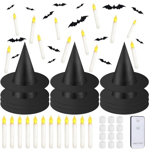 Joottuan 80 Pcs Halloween Hanging Witch Hats And Taper Floating Candles Set Includes 12 Witch Hats 12 Led Floating Candles Lights 56 3D Bats Wall Stickers For Halloween Decoration Front Porch Yard Decor