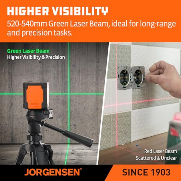 Jorgensen Laser Level With Tripod 65 Ft Self Leveling Cross Line Laser Leveler Tool With 360° Magnetic Base Green Laser Level For Picture Hanging Home Renovation Indoor Project