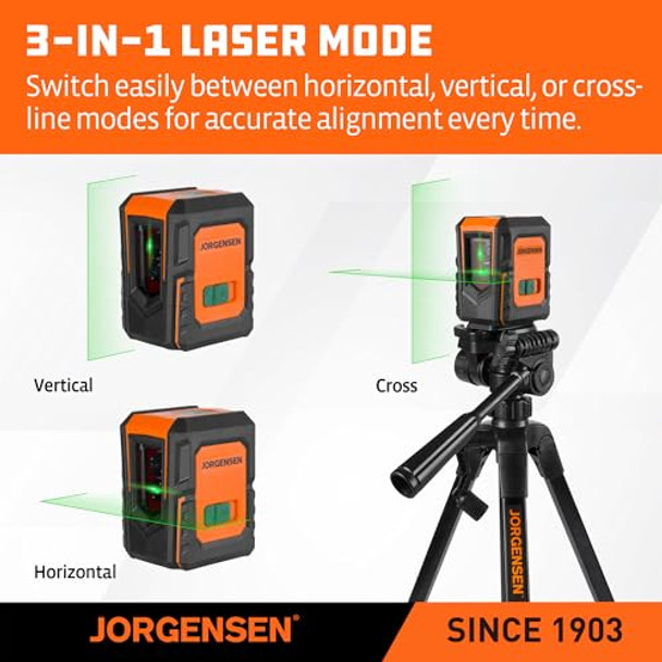 Jorgensen Laser Level With Tripod 100 Ft Dual Modules Self Leveling Cross Line Laser Leveler Tool With 360° Magnetic Base Green Laser Level For Picture Hanging Tile Home Renovation Indoor Project