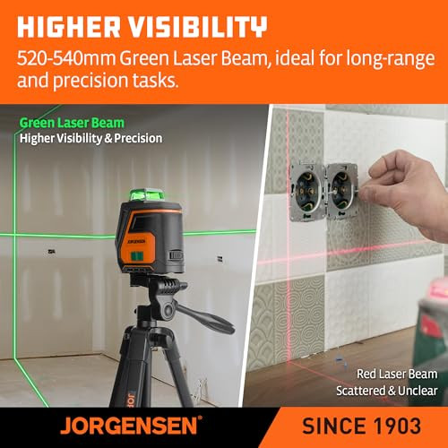 Jorgensen 360° Laser Level With Tripod 100 Ft Rechargeable Self Leveling Cross Line Laser Leveler Tool With Magnetic Base Wide Angle Green Laser Level For Picture Hanging Floor Tile Construction
