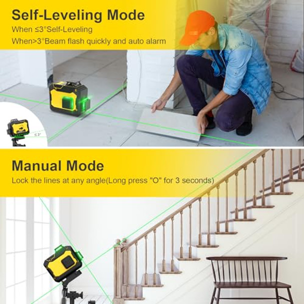 Kuzinoy Laser Level 3X360° Self Leveling 3D Green Cross 12 Lines Laser Touchscreen Control Laser Tool For Construction And Picture Hanging With 5000Mah Rechargeable Battery & Remote Control