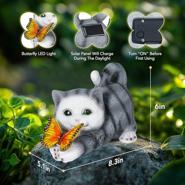 Ladert Solar Garden Statue Cat With Holding Butterfly Garden Figurine Outdoor Decoration For Patio Yard Solar Cat Statue Lawn Art Decor Unique Housewarming  For Women (Gray Cat)