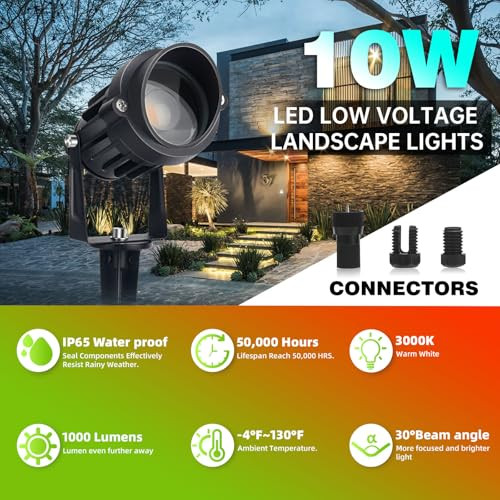 Lavaed Lavaed 10W Led Landscape Lights 12V Outdoor Spotlight With Connectors Low Voltage Landscape Lighting Warm White Waterproof Yard Uplight(2Pack)