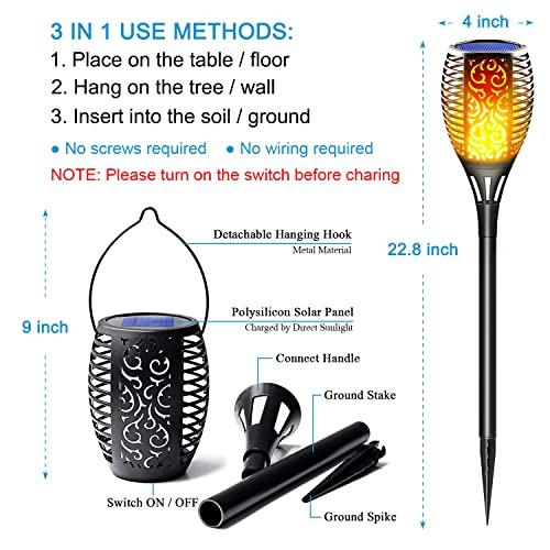 Lazybuddy Large Solar Torch Lights Outdoor Flickering Flame D 3-In-1 Hanging Lanterns With Detachable Hook - Waterproof Auto On/Off Tiki Torches For Patio Garden Pathway Decor (6 Pack)