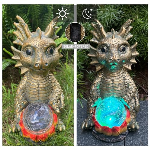 Lckfty Solar Garden Statue Dragon Figurine With 7-Color Changing Solar Crackle Globe Lights- Loving Dragon For Patiobalconyyard Lawn-Unique Idea S (Gray)
