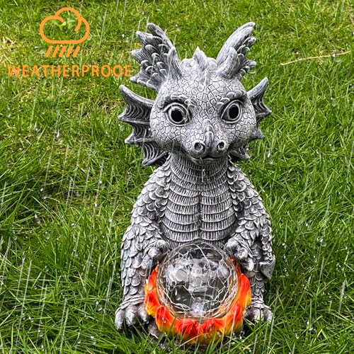 Lckfty Solar Garden Statue Dragon Figurine With 7-Color Changing Solar Crackle Globe Lights- Loving Dragon For Patiobalconyyard Lawn-Unique Idea S (Grey)