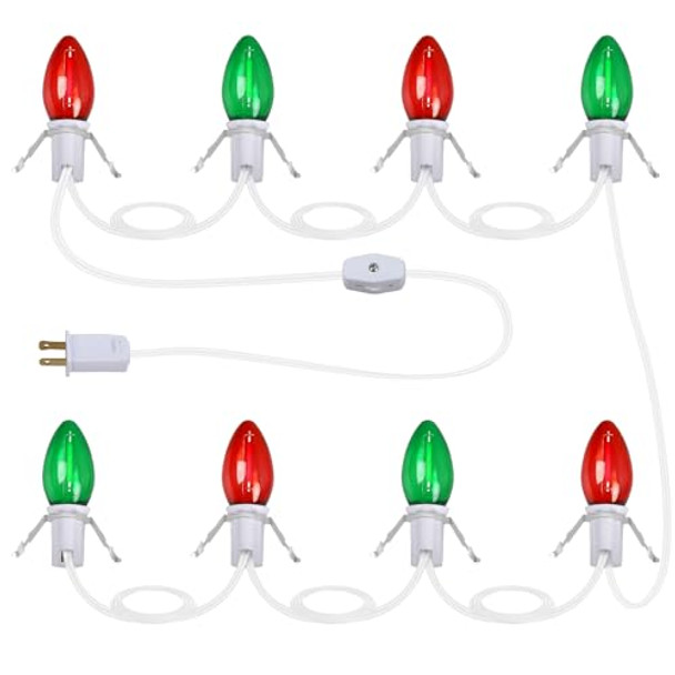 Lcmla Christmas Village Lights - Blow Molded Light Cordwith 8 Led Red & Green Bulbs14 Ft Long With Switches C7 Led Light String Is Suitable For Halloween Christmas House Lights Holiday Decorations