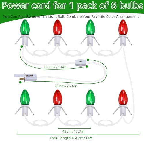 Lcmla Christmas Village Lights - Blow Molded Light Cordwith 8 Led Red & Green Bulbs14 Ft Long With Switches C7 Led Light String Is Suitable For Halloween Christmas House Lights Holiday Decorations