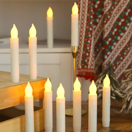 Lezonic Flameless Battery Operated Candlesticks Flickering 24Pcs White Led Battery Christmas Window Candles 6 Inch Short Taper Candles Hanging Halloween Floating By Touch No Remote