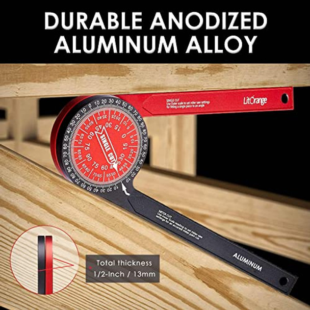 Litorange Aluminum Miter Saw Protractor Plus  8.7-Inch Angle Finder Featuring Precision Laser Engraved Scales For Inside Outside Corner Carpenters Plumbers And All Building Trades Two-Color Design
