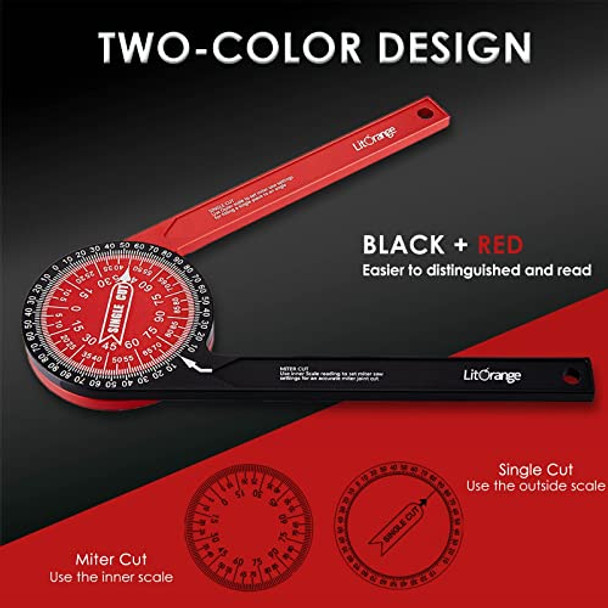 Litorange Aluminum Miter Saw Protractor Plus  8.7-Inch Angle Finder Featuring Precision Laser Engraved Scales For Inside Outside Corner Carpenters Plumbers And All Building Trades Two-Color Design