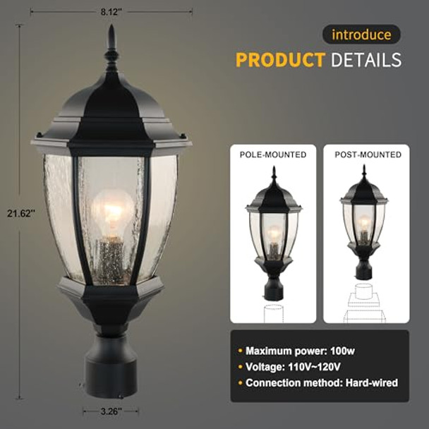 Lprzsg Outdoor Post Light 21 Inch Aluminum Outside Post Lantern Waterproof Exterior Lamp Pole Lantern Head With Seeded Glass Matte Black Column Lights For Patio Garden Walkway Landscape E26 Base Max 100W