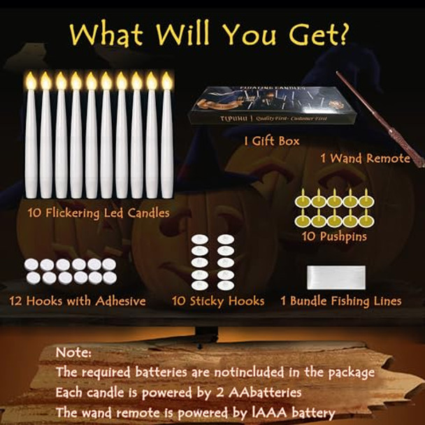 Luskinno Halloween Decorations - 10Pcs Floating Candles With Wand Magic Hanging Candles Flickering Warm Light Led Flameless Candles With Remote Christmas Lights For Window Home Bedroom Birthday Party Decor