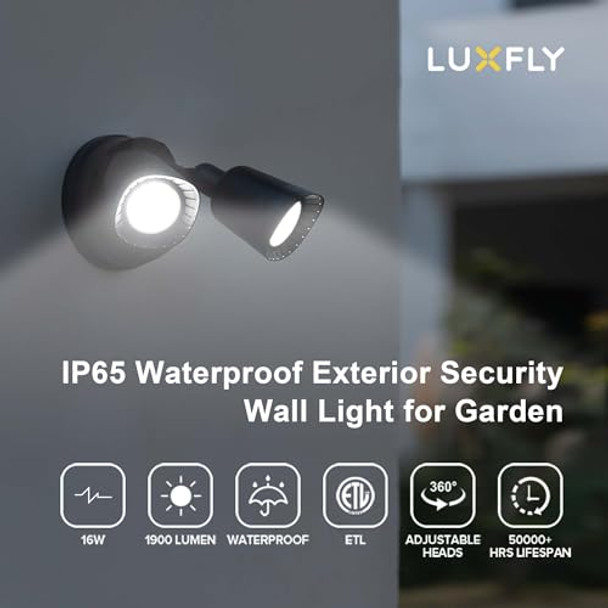 Luxfly Led Flood Lights Outdoor 16W 1900Lm 5000K Daylight Ip65 Waterproof Security Lights With 2 Adjustable Heads Exterior Wall Light For Patio Garage Yard-Black