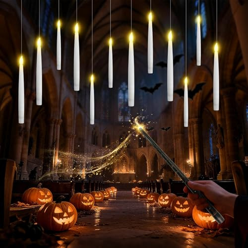 Luzzup Halloween Decor Floating Candles With Wand 12Pcs Magic Led Hanging Candles Flickering Battery Operated Taper Candle With Wand Remote For Halloween Decorations Best