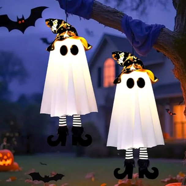 Lvtejpi   Halloween Hanging Ghosts 18" Halloween Decorations Outdoor Hanging Ghosts With Witch Hatglowing Witch Hat Ghost With High Heelsfor Yard Patio Garden Tree Outside(2Pcs)