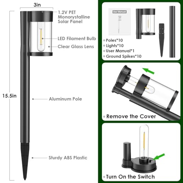 Mancra Solar Lights Outdoor 10 Pack Glass Metal Solar Pathway Lights Outdoor Waterproof Garden Decor For Outside Yard Patio Lawn Walkway Driveway