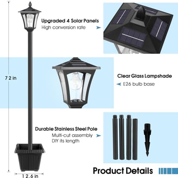 Mancra 72" Solar Lamp Post Light With Planter Glass 60 Lumens Solar Lights Outdoor Waterproof Patio Lights Garden Decor Warm White
