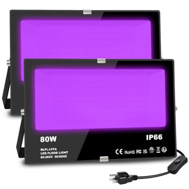 Melpo Melpo Black Light 80W Blacklight Flood Light Outdoor For Glow Party Halloween Decoration Body Paint Fluorescent Poster Stage Lighting，Neon Glow Ip66 Us-Plug-Switch-5.9Ft Cord (2 Pack)