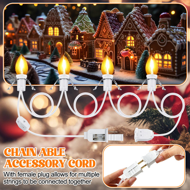 Meonum 3 Pack Accessory Cord With 4 Led Light Bulbs 9.8 Ft Christmas Village Light Cord With Female Plug C7 Lights With Switch For Christmas Halloween Blow Mold Holiday Decor Warm White