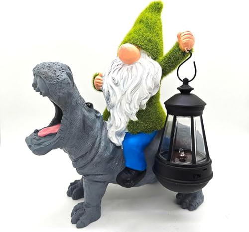 Monmob 11.8" Hippo Solar Lights Garden Statue With Solar Lantern For Patio Balcony Yard Lawn Gnome Solar Statues Unique House Warming
