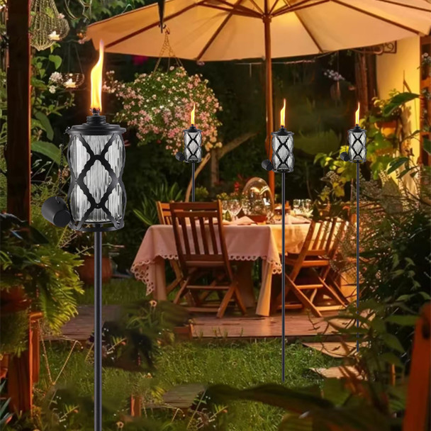 Mqkiwao 4 Pack Glass Citronella Torches 16 Oz Garden Torches For Outside 55 Inch Outdoor Clear Glass Citronella Torches With 3-Prong Grounded Stake For Garden Patio Party Landscape Decor