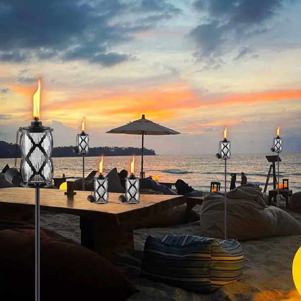 Mqkiwao 4 Pack Glass Citronella Torches 16 Oz Garden Torches For Outside 55 Inch Outdoor Clear Glass Citronella Torches With 3-Prong Grounded Stake For Garden Patio Party Landscape Decor