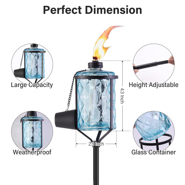 Mqkiwao 4 Pack Glass Torches Citronella Torches With 3-Prong Grounded Stake Refillable Flame Light Torch Landscape Lanterns Torches For Garden Yard Patio Party Decor (Colorful)