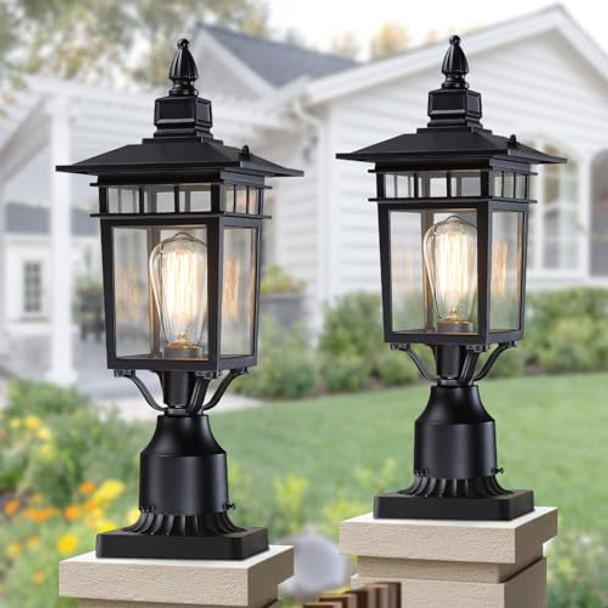 Myhxq 17.6'' Outdoor Post Light 2 Packs Black Pole Lantern Lighting Fixture Hard Wired Waterproof Outdoor Column Lights Exterior Lamp Post Lantern With Glass For Garden Path(Not Include Mounting Base)