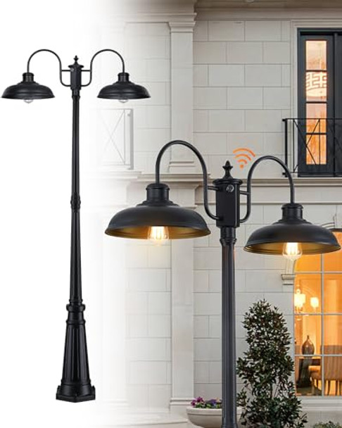 Myhxq Dusk To Dawn Outdoor Lamp Post Light 2-Head Outdoor Post Light Street Light Post For Outside With Sensor Waterproof Black Farmhouse Pole Lighting Fixture For Backyard Garden Patio Driveway
