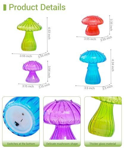 Nacome Glass Mushroom Table Lamp: Set Of 4 Colored Small Cute Led Night Light Home Decor For Bedroom Desk - Birthday S For Women