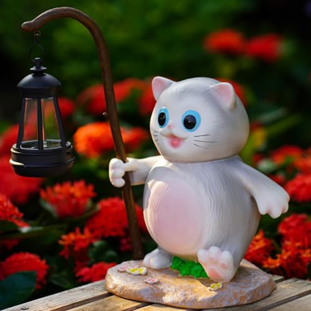 Natase Solar Garden Outdoor Statues Cat With Led Solar Lantern Figurine For Lawnpatio Balcony Yard Decor Unique Housewarming  For Mom Grandmafatherwoman