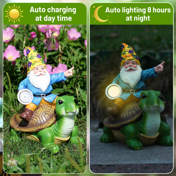 Nitowolf Solar Garden Gnomes Outdoor Garden Decor With Solar Led Light Yard Graden Gnomes Decorations For Patio Lawn S For Mom Gnomes S For Women (Turtle)