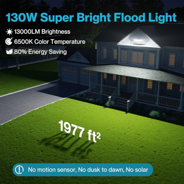 Olafus 130W Flood Lights Outdoor Plug In 13000Lm Led Security Light 6500K Exterior Flood Lights With 5 Adjustable Heads Ip65 Waterproof Outdoor Led Safety Lamp For Backyard Garage Patio Black
