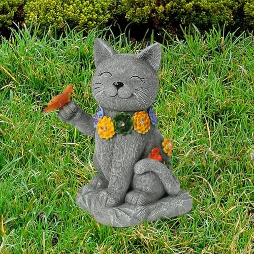 Oneirion Outdoor Solar Cat Garden Statue - With Led Flowers And Butterfly Yard Art Suitable For Lawn Decoration Porchyard Decorations Outdoor Birthday  For Mother Grandmother Or Women