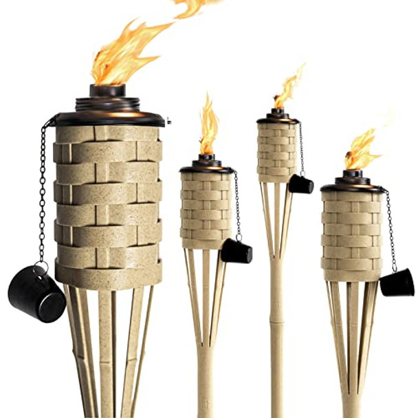 Onethatch Bamboo Torches Outdoor Citronella Torch (Weathered Color 4Pack) Large Patio Torch Great For Tropical Decor Lighting And Luau Party Easy Refill Wide-Mouth Canister Stands 60" Tall