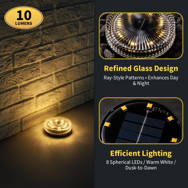 Opoira Glass Solar Ground Lights With Ray Style Modular-Design Waterproof In-Ground Light For Patio Pathway Lawn Yard Deck Walkway Decorative Disk Lighting For Garden Bed Warm White (8 Pack)