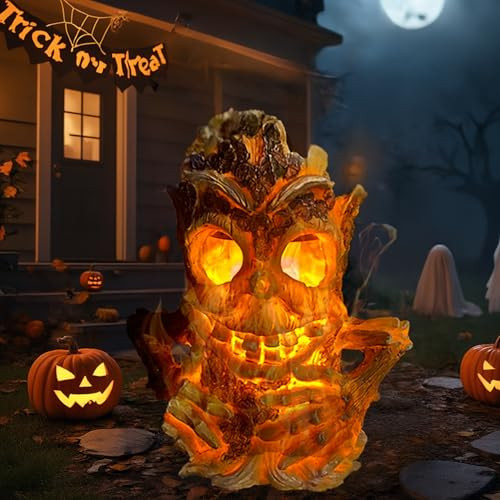 Outable Halloween Decorations Solar Light Outdoor Tiki Decor Halloween Solar Lanterns Tree Stump On Fire Flickering Flame Light Waterproof For Table Yard Garden Patio Pathway Holiday