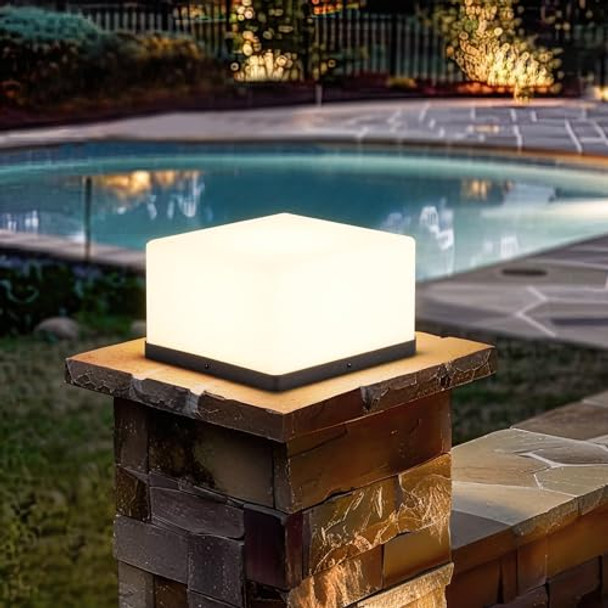 Pakedandun Outdoor Post Light Modern Fence Deck Post Lights Squre Column Pillar Lamp Outside 3000K Warm Led Lantern With Waterproof E26 Bulb For Flat Surface Patio Garden Decoration (High Voltage Wired10"X10")