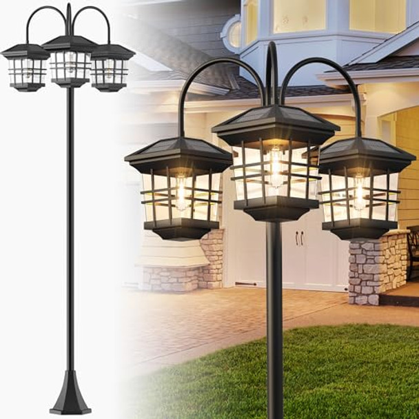 Partphoner 76" Classic Black Solar Lamp Post Lights - 3-Head Waterproof Outdoor Street Lights Pole Light Decorative Lamp For Backyard Garden Driveway Lawn (Led Bulbs Included)